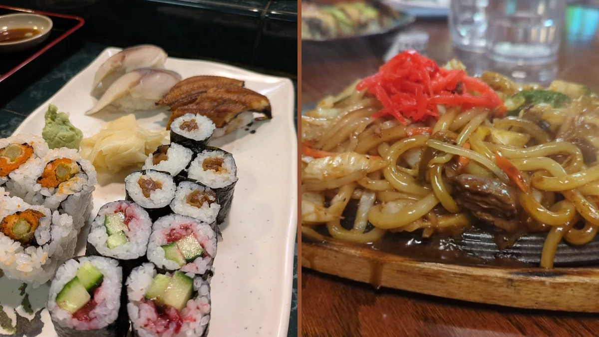 Plated Japanese dishes on a simple table setting.