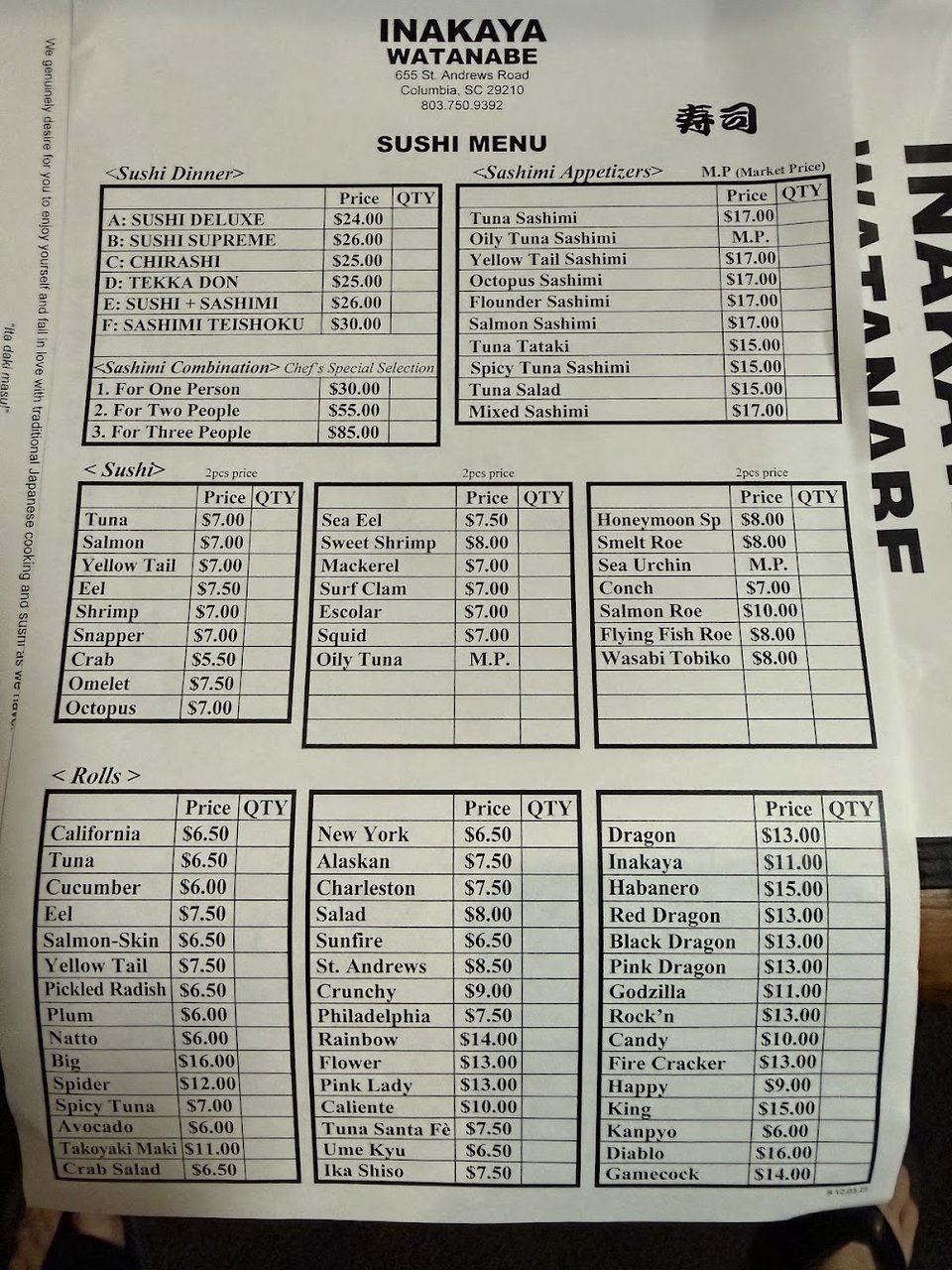 Printed menu with sushi lunches and bento boxes.